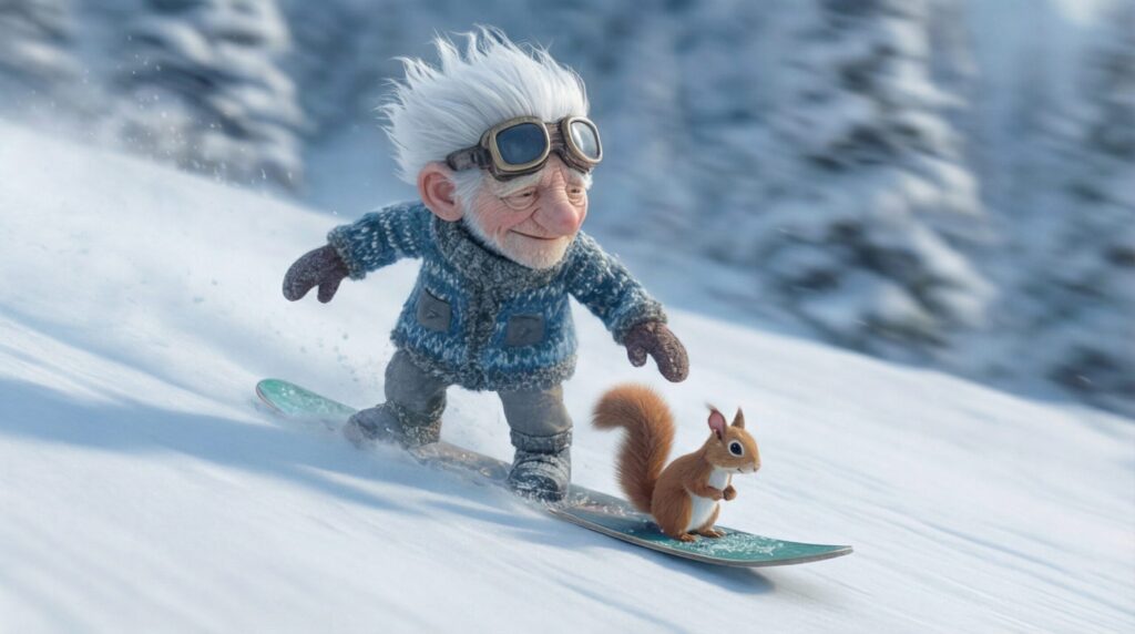 Grandpa skiing with squirrel cartoon